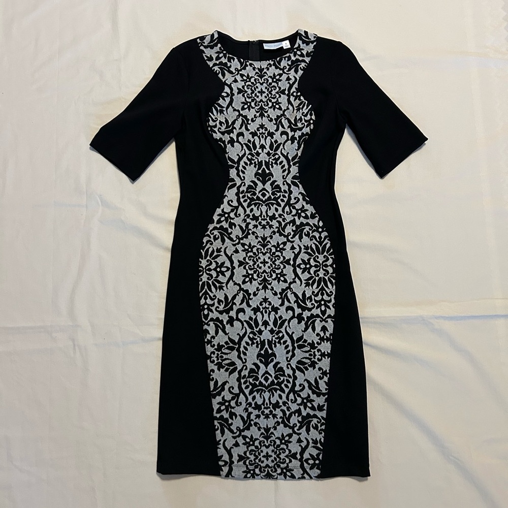 Bisou Bisou Black and Gray Sheath Dress 3/4 Sleeve Crew Neck